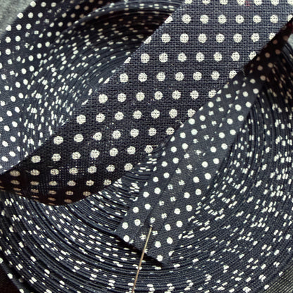 Navy polka dot cotton bias tape on the roll
