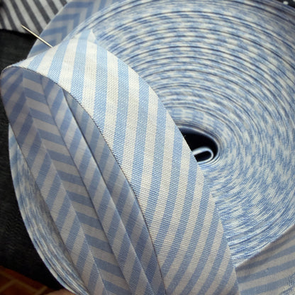 Blue and white striped cotton bias tape on the roll